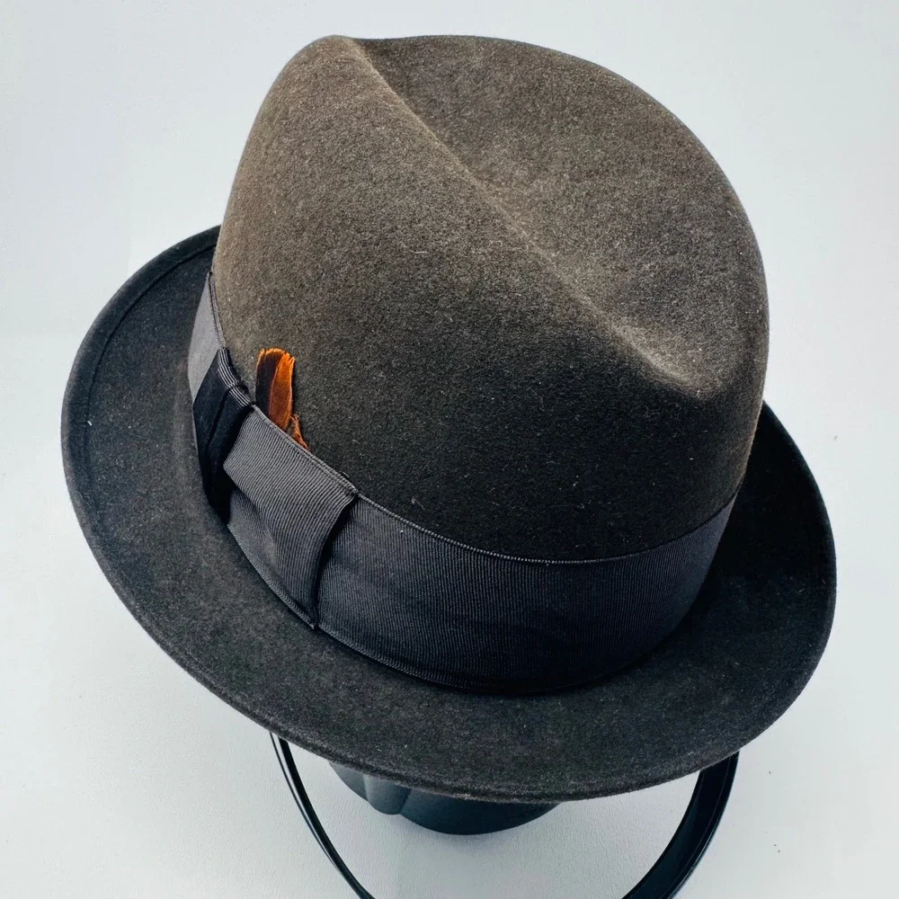 Vintage Mallory Fedora Hat Brown Fur Felt Cravenette Processed‎ Size 7 Feather